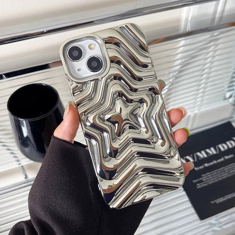 Bling Chromed Silver Gradient Five-pointed Star TPU Phone Case For iPhone 16 Pro Max 17 15 13 14 Plating Silicone Back Cover - Ice Cream Cake