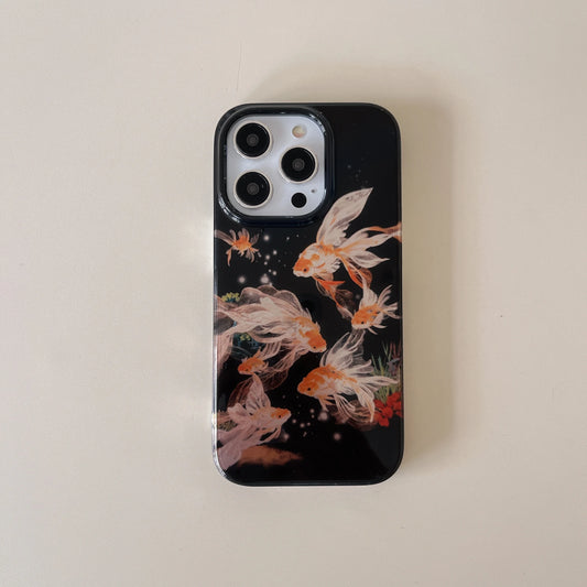 Phone case with goldfish design on a beige background