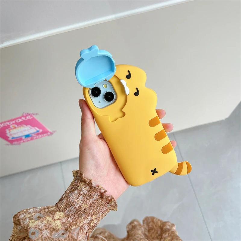 3D Cute Cat Eat Fish Silicone Phone Case For iPhone 17ProMax 17 16 15 14 13 12 Pro Max Funny Cartoon Camera Protection Cover - Ice Cream Cake