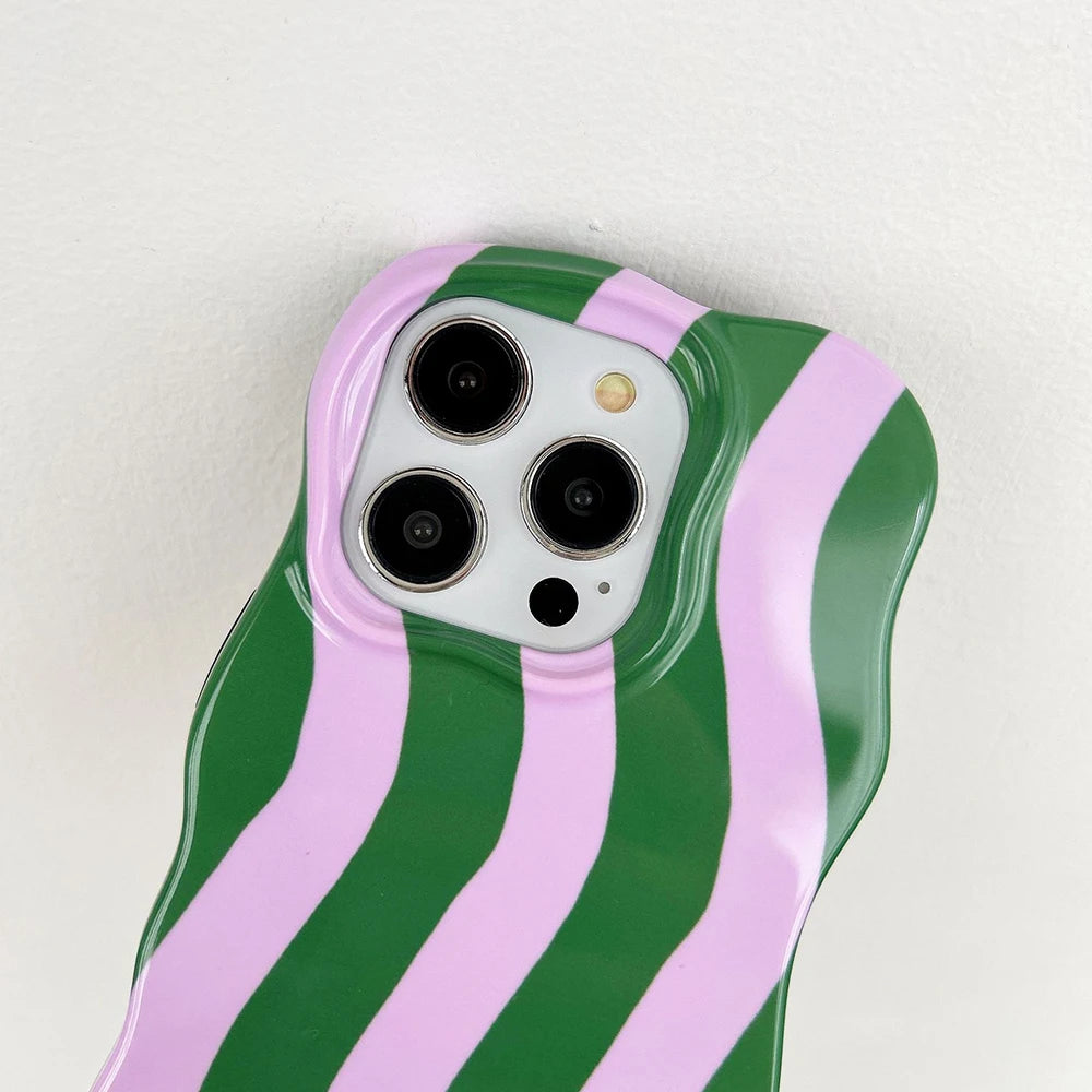 Fashion 2 in 1 Glossy Stripes Phone Case for iPhone 13 14 15 16 17 Pro Max Wave Edges Comfortable Touch Hard Slim Back Cover - Ice Cream Cake