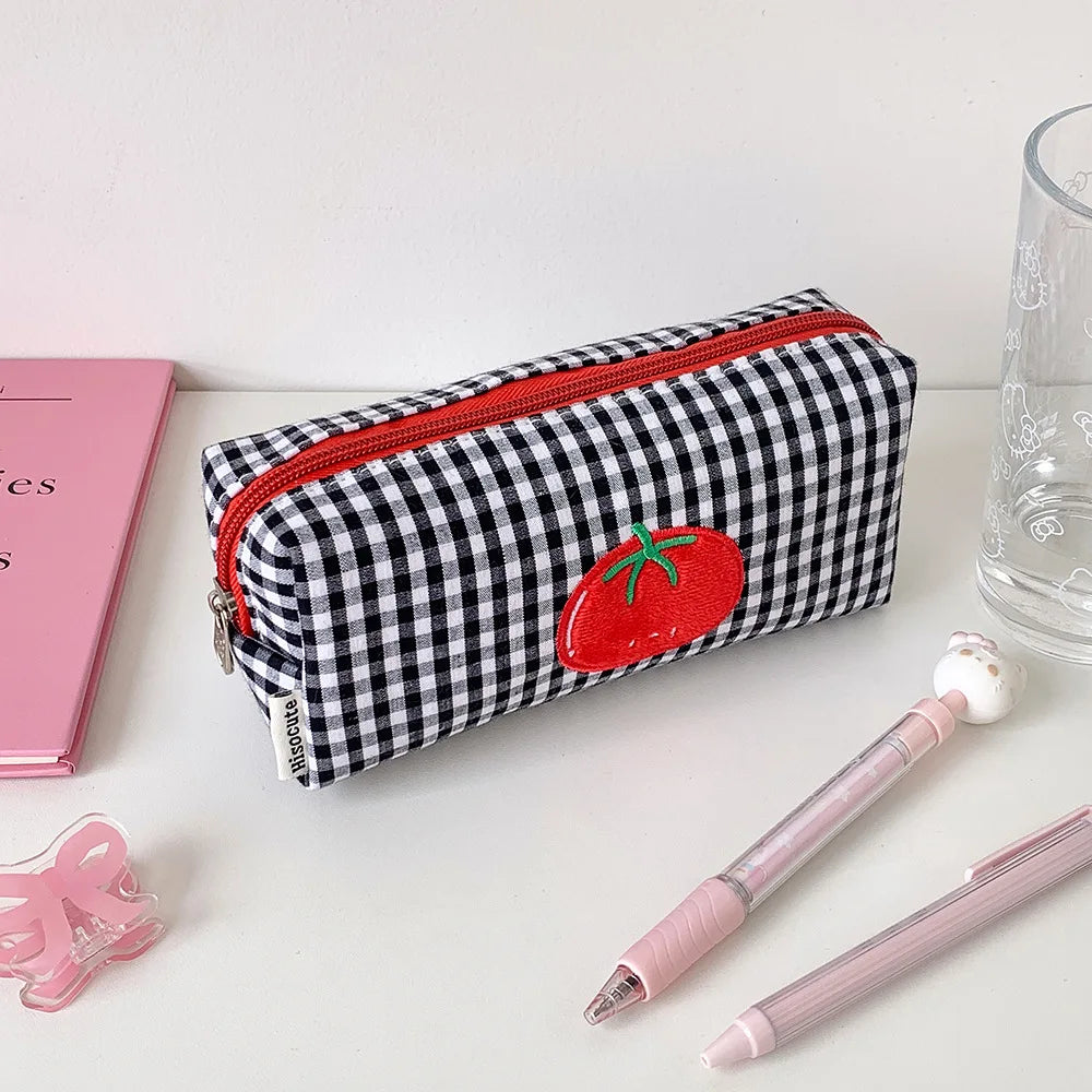 1pc Fashion Cartoon Tomato Plaid Pencil Case Student Stationery Large Capacity Desktop Storage Pen Bag Kids School Supplies - Ice Cream Cake