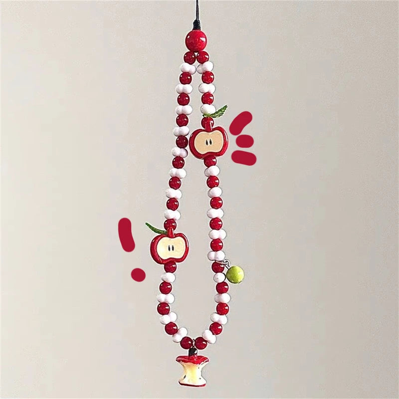 Korean Cute Apple Pearl Beaded Phone Chain Keychain Sweet Girl Bracelet Anti-Lost Phone Charm Lanyard For iPhone Samsung Camera - Ice Cream Cake