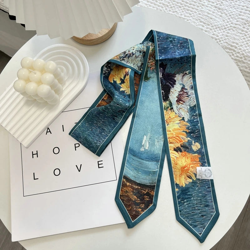 High-Grade Flower Print Long Silk Scarf Hair Band Ribbon Tied-up Hair Long Bow Vintage Satin Ribbon Hair Accessories For Women - Ice Cream Cake