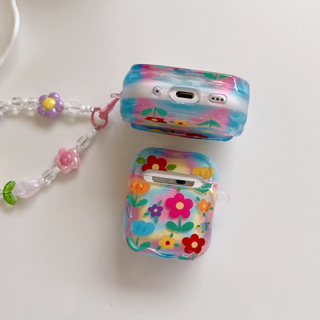 Fashion Dopamine Colorful Flower Print With Beaded Charm Pendant Protect Earphone Cover Case for AirPods 1 or 2 3 4 Pro 2 Pro 3 - Ice Cream Cake