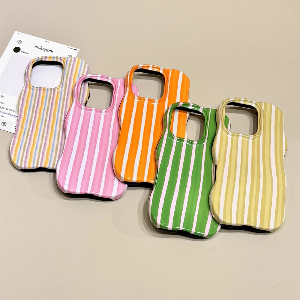 Luxury 2 in 1 Glossy Double Color Wave Stripes Case for IPhone 13 14 15 16 17 Pro Max 17Air Hit Color Collision Shockproof Cover - Ice Cream Cake