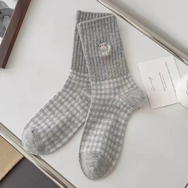 4 Pairs Cute Cartoon Cat Embroidery Socks Women's Casual Fashion Checkered Mid Calf Socks Korean Style Cute Girls Sock - Ice Cream Cake
