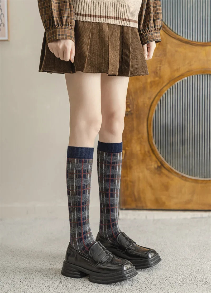 Plaid Long Socks Stocking Women Stockings Harajuku Retro Vintage JK School Girls Cotton Knee Socks Women Stockings College Style - Ice Cream Cake
