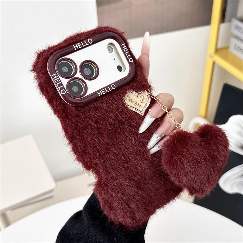 Faux Fur Fuzzy Heart Charm iPhone Case