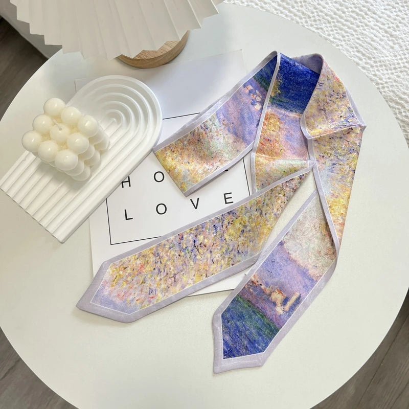 High-Grade Flower Print Long Silk Scarf Hair Band Ribbon Tied-up Hair Long Bow Vintage Satin Ribbon Hair Accessories For Women - Ice Cream Cake