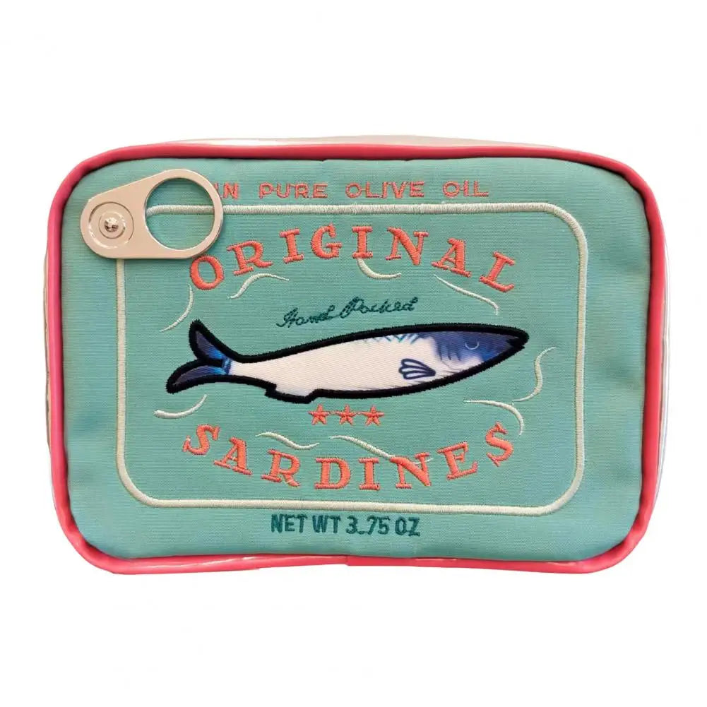 A novelty pouch designed to look like a can of 'Original Sardines' in pure olive oil, featuring a mint green body, red-pink trim, and a printed fish label with a pull tab on the top left.
