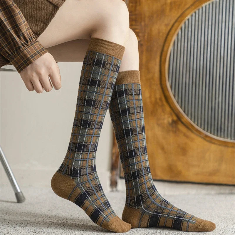 Plaid Long Socks Stocking Women Stockings Harajuku Retro Vintage JK School Girls Cotton Knee Socks Women Stockings College Style - Ice Cream Cake