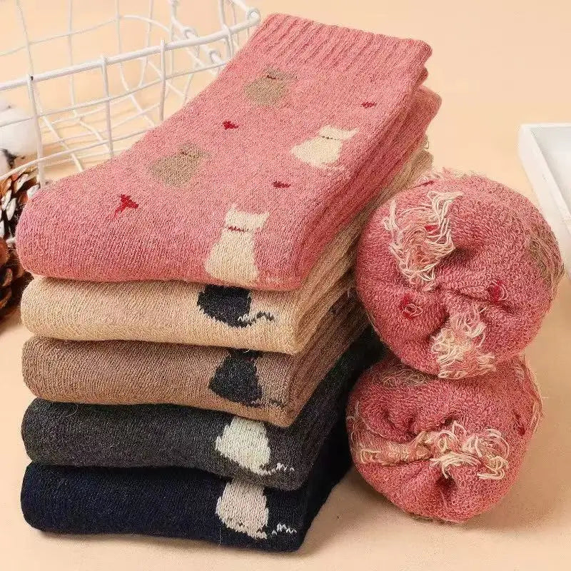 5 Pairs of High-Quality Cartoon Cat Printed Socks for Autumn and Winter Thick and Warm Women's Midsole Socks for Home Sleep - Ice Cream Cake