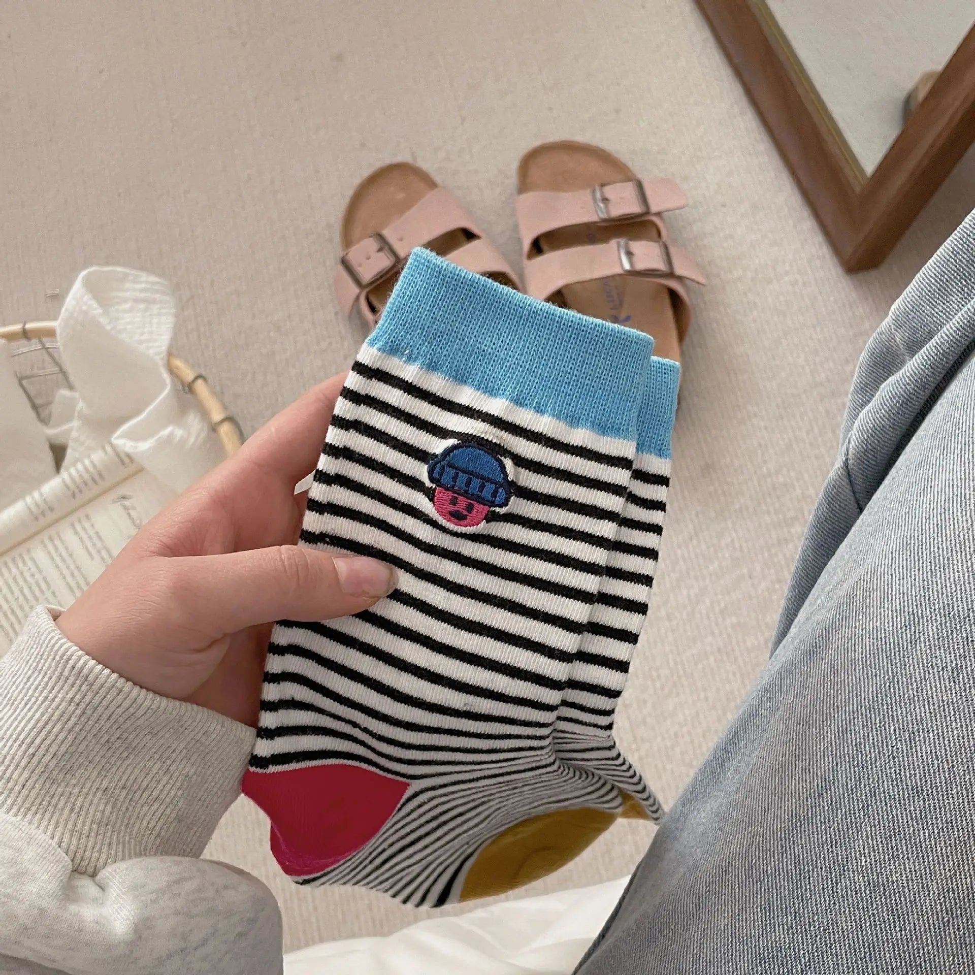 Happy Stripe Character Crew Socks - Ice Cream Cake