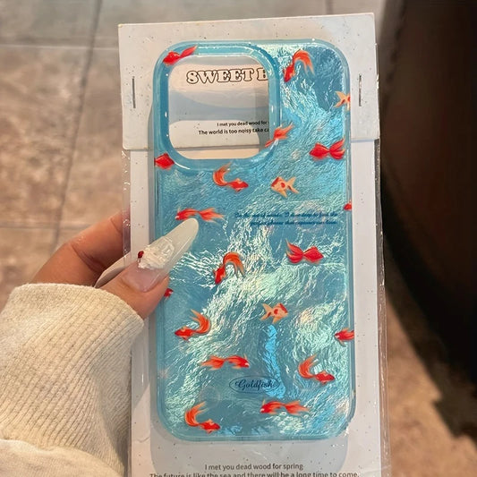 Phone case with goldfish design held by a hand
