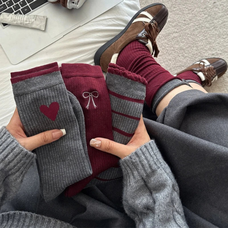 1/5pairs Cotton Ruffles Ankle Socks Women Retro Cute Kawaii Korean Stocking Girls  2024 Autumn and Winter Red Middle Tube Sox - Ice Cream Cake