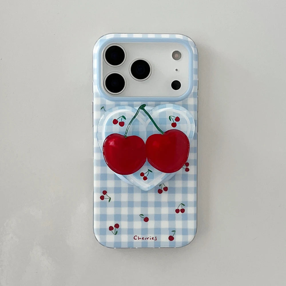 3D Cute Cherry Blue Grid Pattern Magnetic Grip Tok Phone Cases for iPhone 17pro 15 16 pro max Wireless Charge For Magsafe Cover - Ice Cream Cake