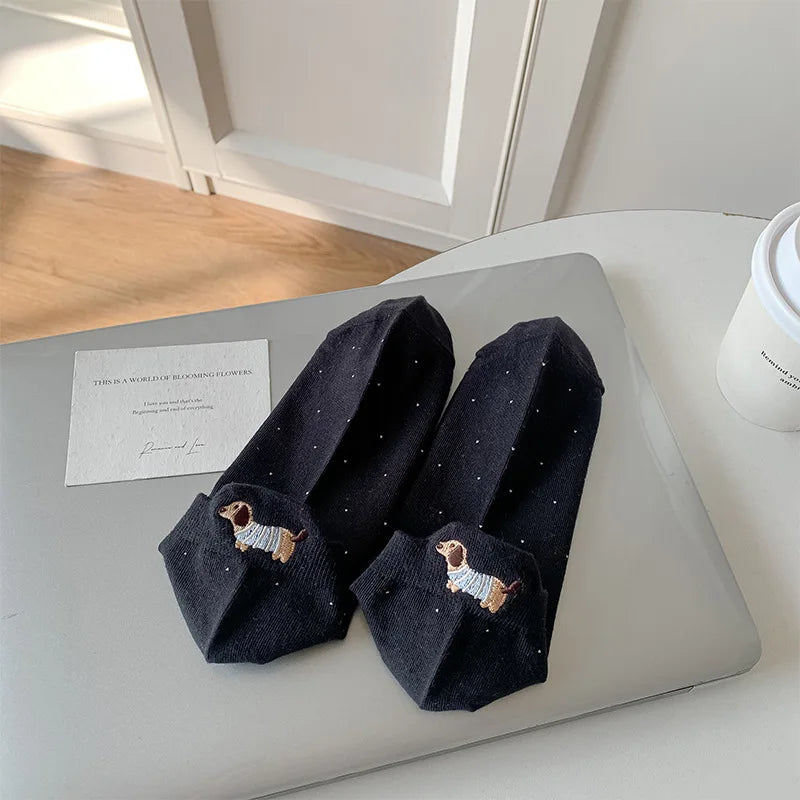 Spring Summer Thin Women Short Socks Polka Dots Cute Cartoon Sausage Dog Embroidery Boat Socks Pure Cotton Short Trendy Socks - Ice Cream Cake