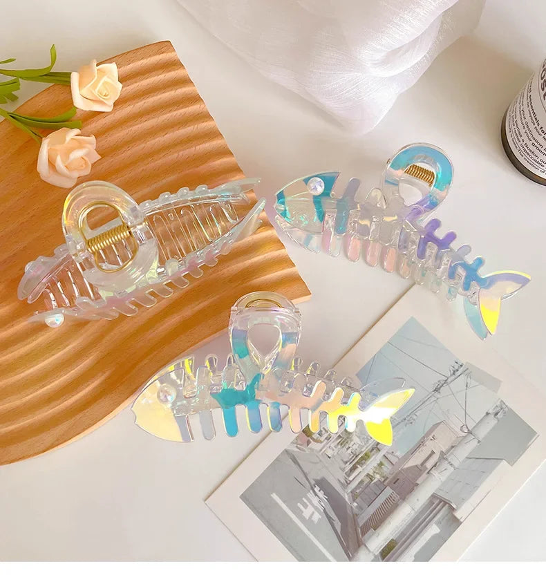 Iridescent Glossy Fishbone Hair Claw Clip - Ice Cream Cake