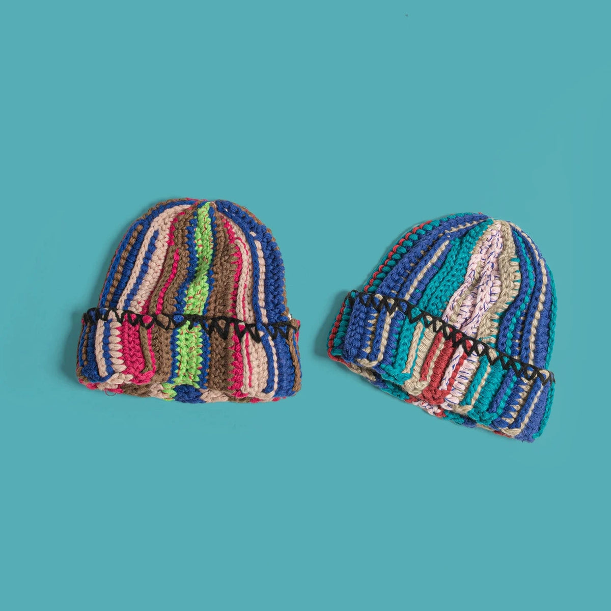 Handmade Mixed Yarn Ribbed Beanie Hat - Ice Cream Cake