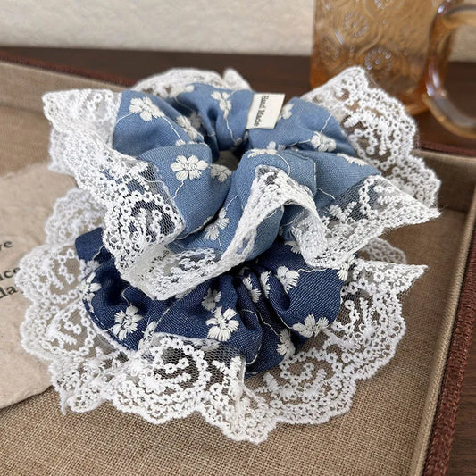 Floral Denim Scrunchie with Lace Detail