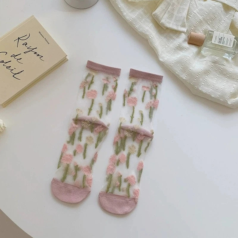 Transparent Floral Crew Socks