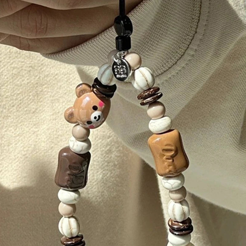 Chocolate Cookie Teddy Bear Beaded Wrist Strap