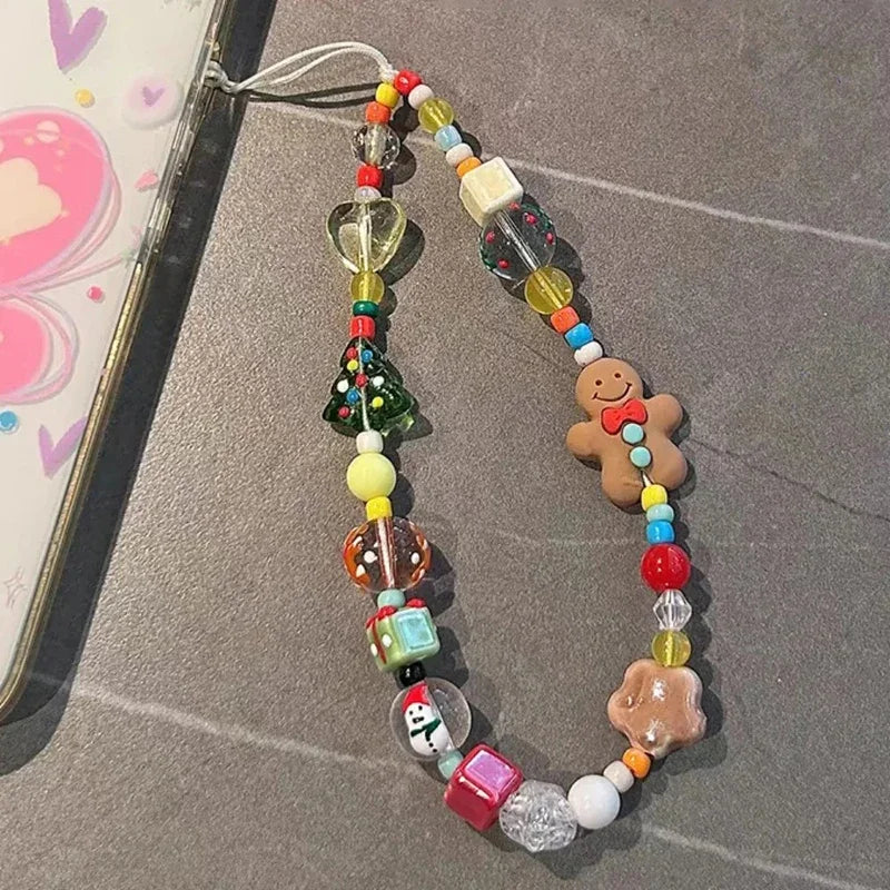 Korean Lovely 3D Christmas Gingerbread Man Beaded Phone Acrylic Pendant Keychain For IPhone Girl Anti-Lost Chain Hanging Jewelry - Ice Cream Cake