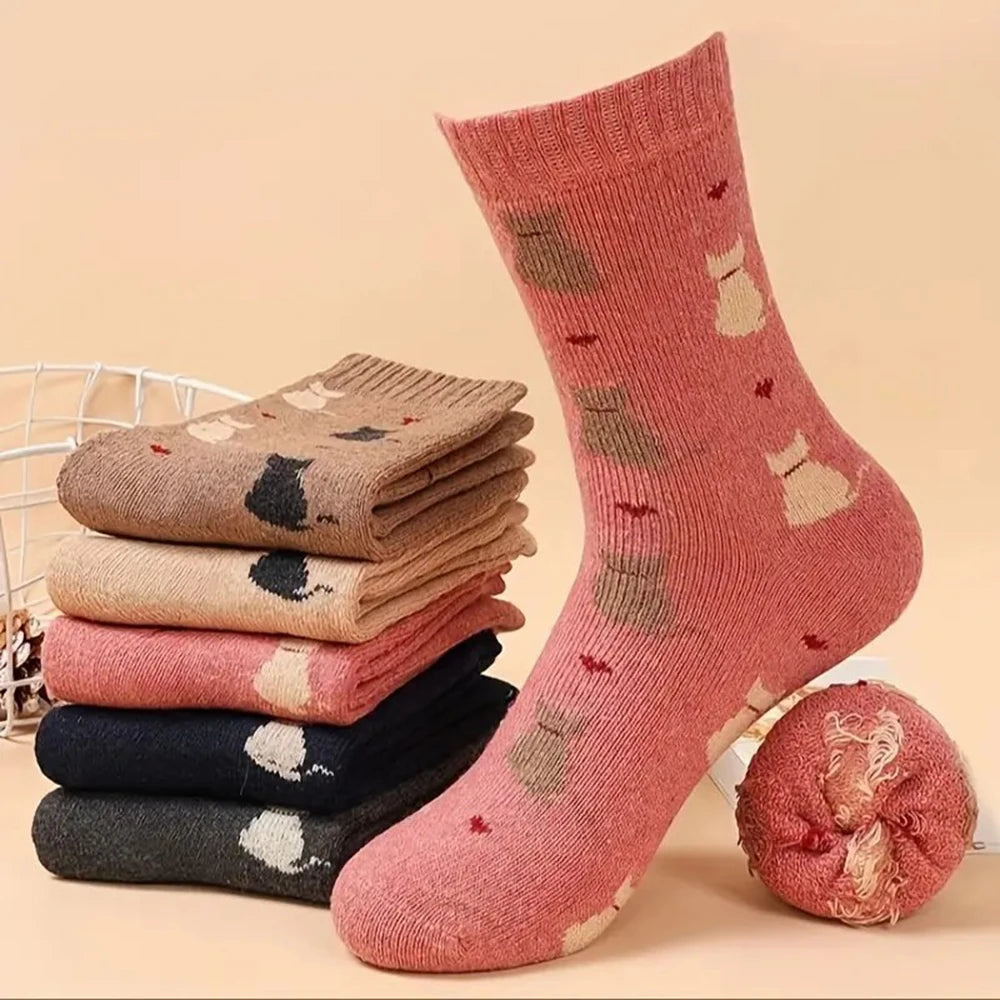 5 Pairs of High-Quality Cartoon Cat Printed Socks for Autumn and Winter Thick and Warm Women's Midsole Socks for Home Sleep - Ice Cream Cake