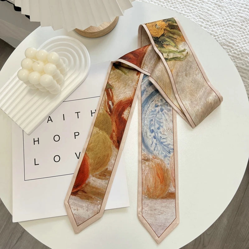 High-Grade Flower Print Long Silk Scarf Hair Band Ribbon Tied-up Hair Long Bow Vintage Satin Ribbon Hair Accessories For Women - Ice Cream Cake