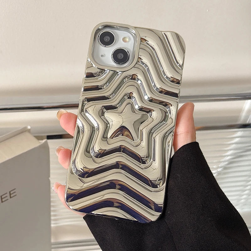 Bling Chromed Silver Gradient Five-pointed Star TPU Phone Case For iPhone 16 Pro Max 17 15 13 14 Plating Silicone Back Cover - Ice Cream Cake