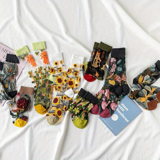 Transparent Floral Crew Sock Set (5 Pairs)