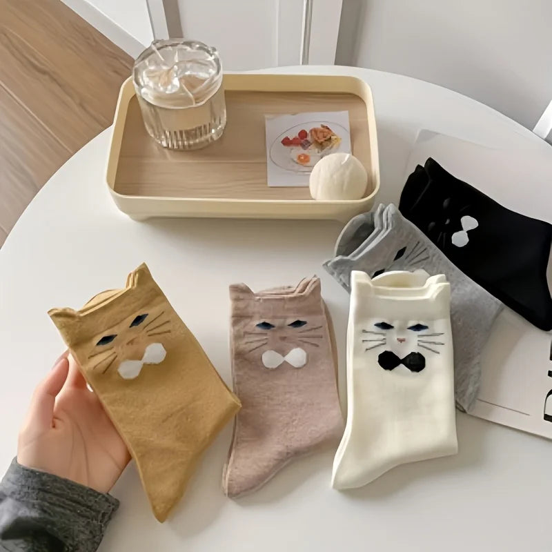 5 Pairs Cartoon Ear Kitten, Fashionable Cute Animal Cat Mid-Tube Socks - Ice Cream Cake