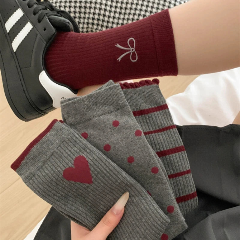 1/5pairs Cotton Ruffles Ankle Socks Women Retro Cute Kawaii Korean Stocking Girls  2024 Autumn and Winter Red Middle Tube Sox - Ice Cream Cake