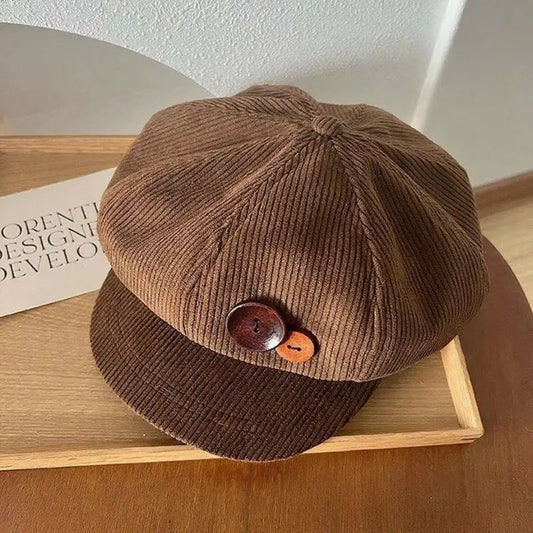Vintage Corduroy Beret Hat For Women Korean Button Octagonal Cap Autumn Winter Painter Artist Hats Japanese Brown Peaked Caps - Ice Cream Cake