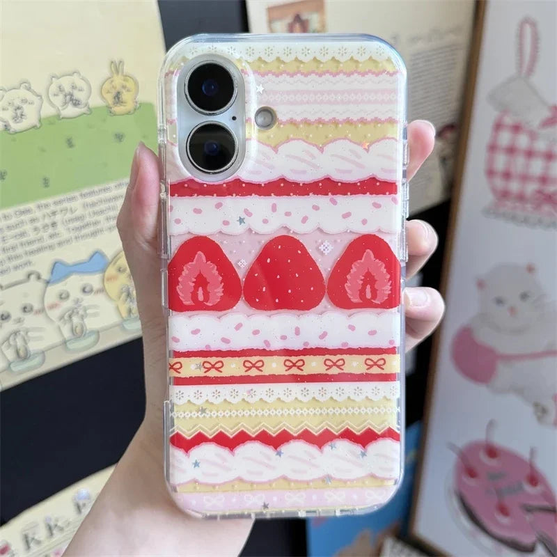 Cream Strawberry Cake Lace Bowknot Phone Case For iPhone 17 16 15 14 13 12 11 Pro Max 16e 17 Air X XR XS Max 7 8 Plus Soft Cover - Ice Cream Cake