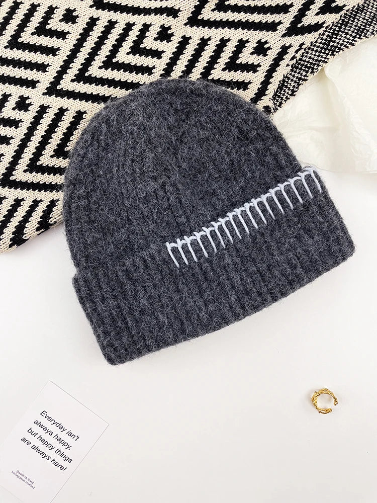 Contrast Border Ribbed Knit Beanie Hat