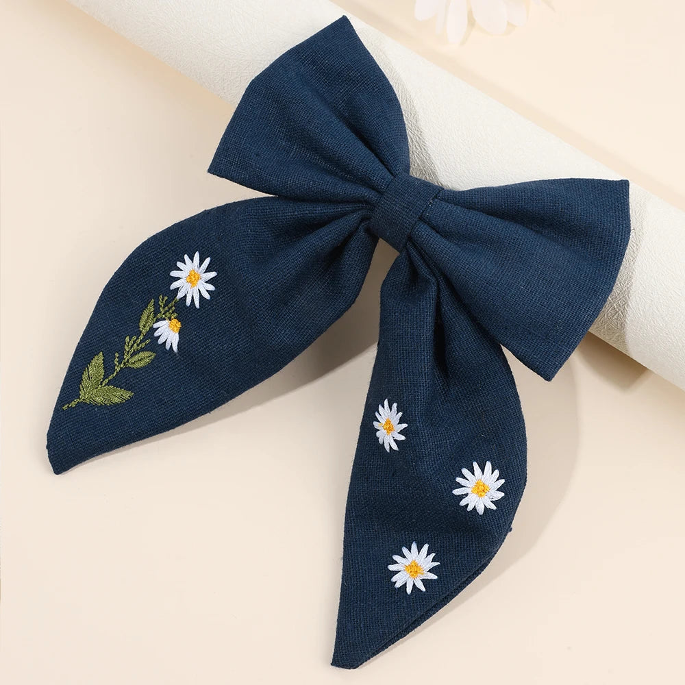 Daisy Embroidery Hair Ribbon Bow Clip