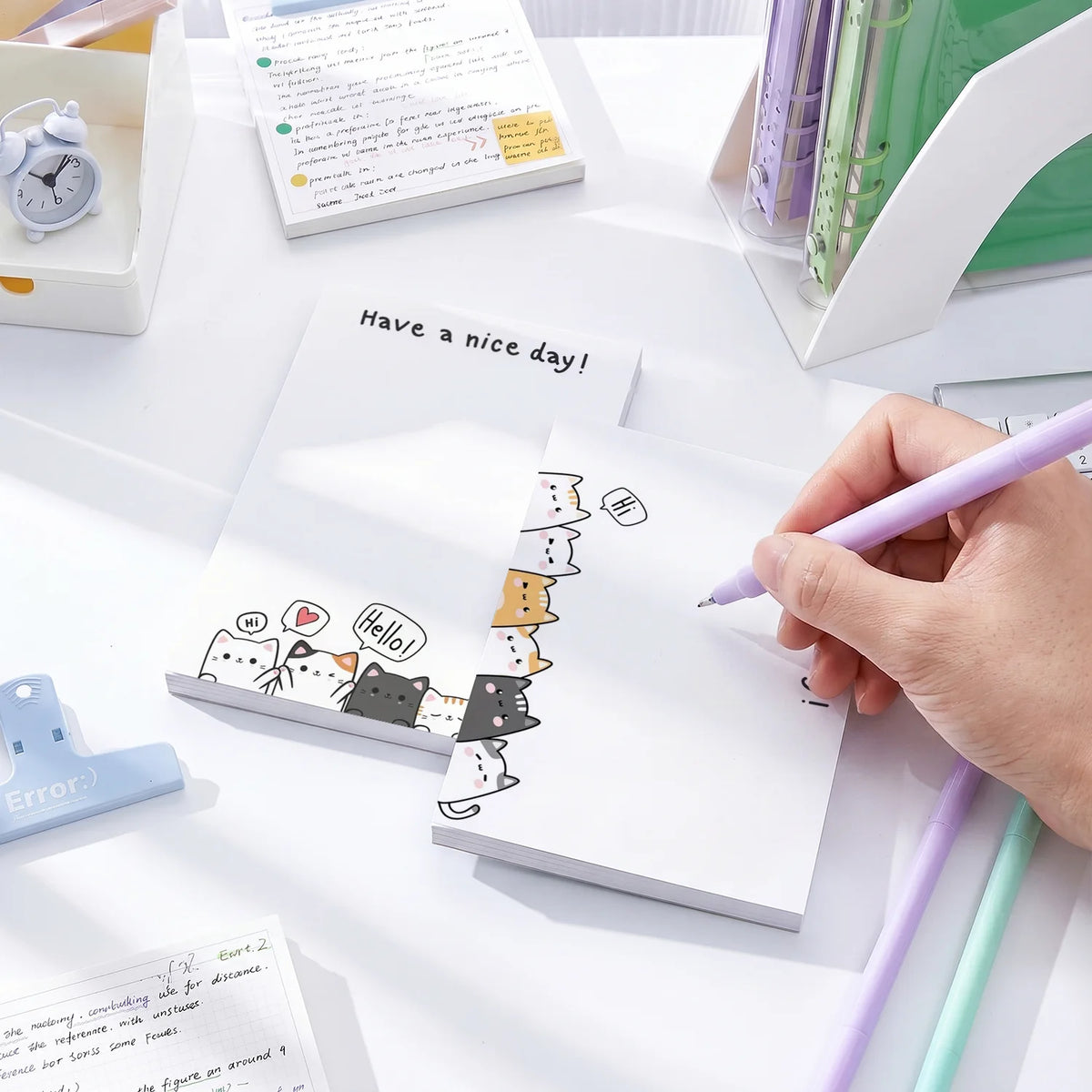 2pcs Cute Cat Sticky Notes, Kawaii Animal Self Stick Memo Pads, 100 Sheets Total, “Have a Nice Day” Positive Quote Notepad - Ice Cream Cake