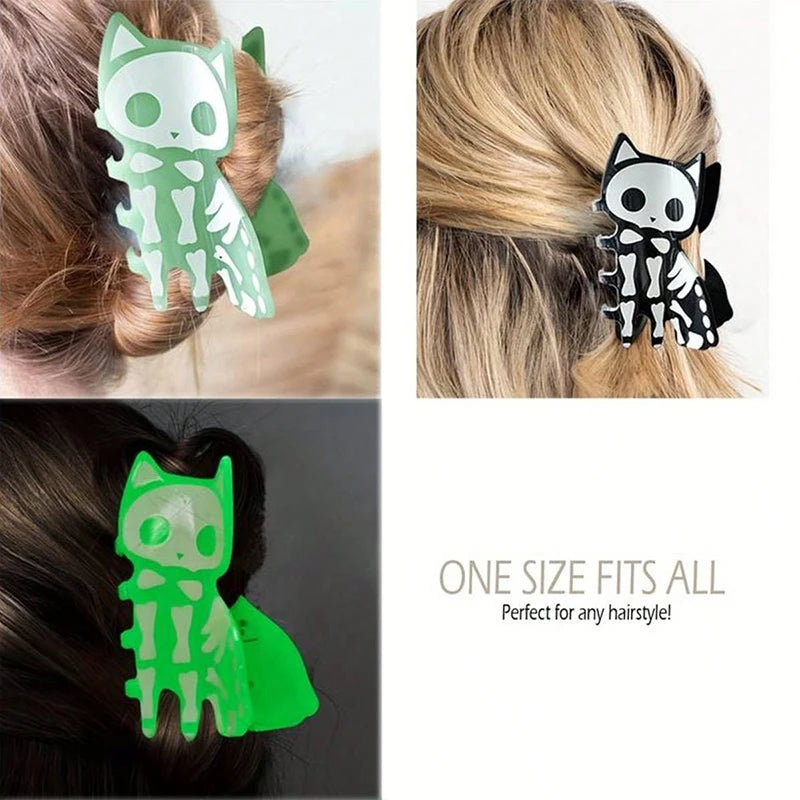 Three-panel collage showing a cartoon cat skeleton hair clip in different colors worn in a bun: mint green, black and white, and bright neon green. Text on the right says 'ONE SIZE FITS ALL Perfect for any hairstyle!'.