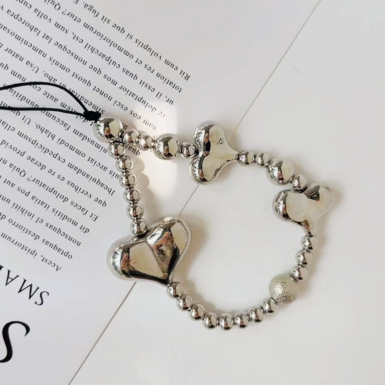 Silver Heart Beads Charm Phone Strap