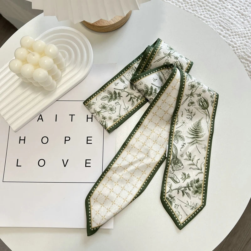 High-Grade Flower Print Long Silk Scarf Hair Band Ribbon Tied-up Hair Long Bow Vintage Satin Ribbon Hair Accessories For Women - Ice Cream Cake