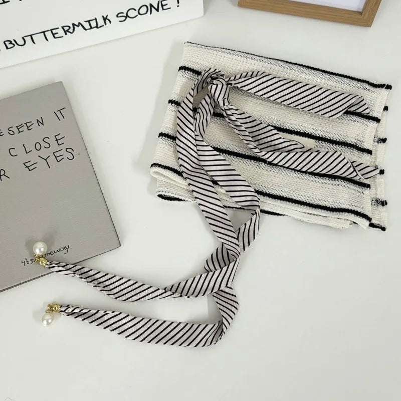 Faux Pearl Detail Skinny Scarf