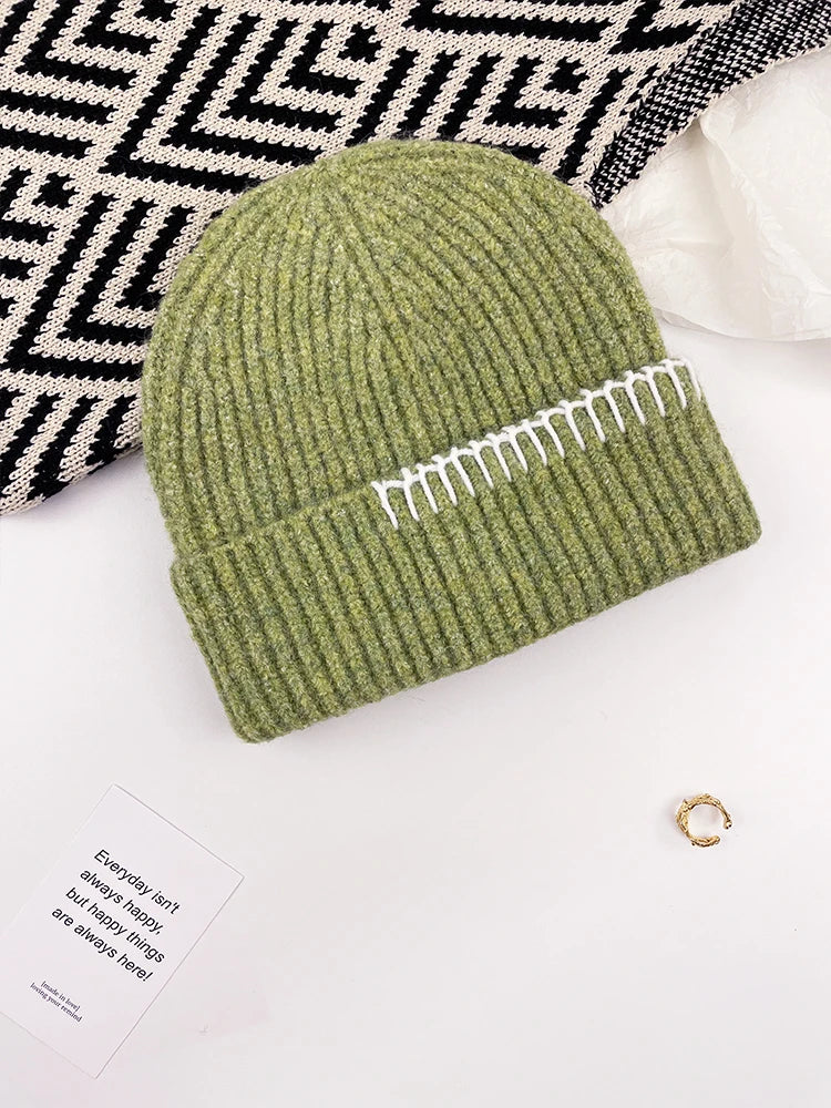 Contrast Border Ribbed Knit Beanie Hat