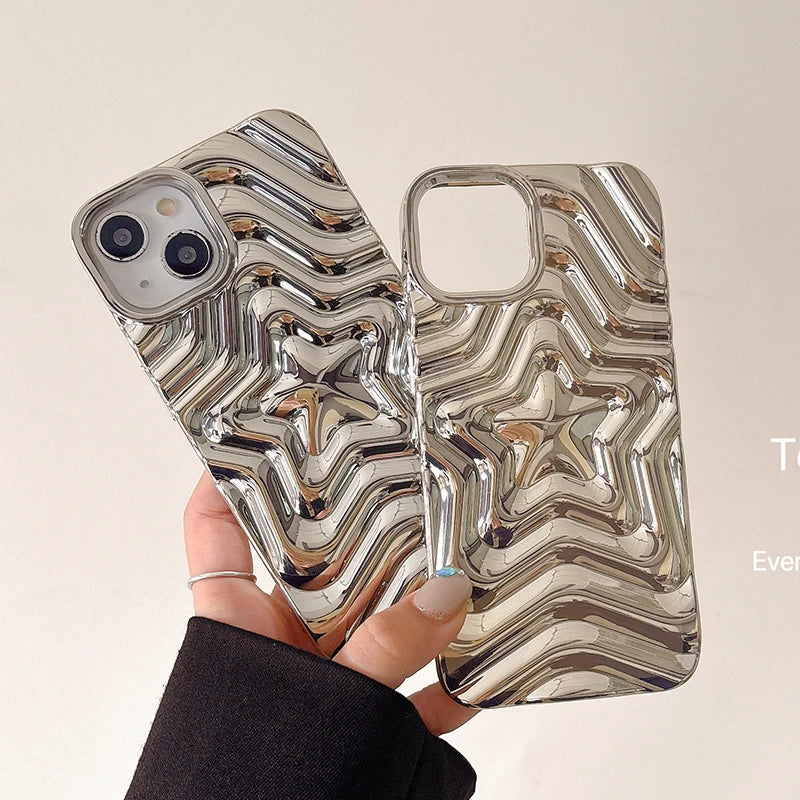 Bling Chromed Silver Gradient Five-pointed Star TPU Phone Case For iPhone 16 Pro Max 17 15 13 14 Plating Silicone Back Cover - Ice Cream Cake