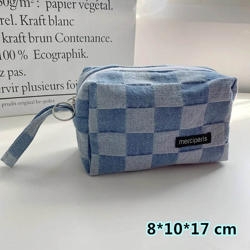 Korean Fashion Plaid Travel Makeup Kits Cosmetic Storage Bag Women Handbags Wallet Organizer Cute School Pencil Cases Pouch Bags - Ice Cream Cake