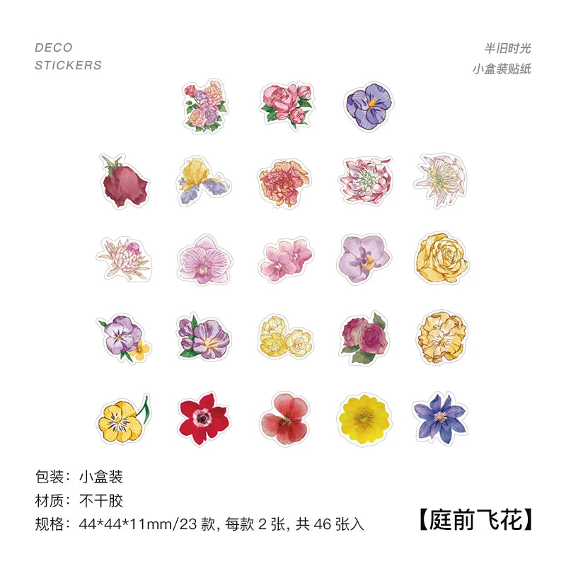 A sheet of decorative flower stickers arranged on a white background with Chinese text. The stickers depict watercolor-style blossoms in pink, purple, red, yellow, and white, with small text reading 'DECO STICKERS' and product details including size and pack count.