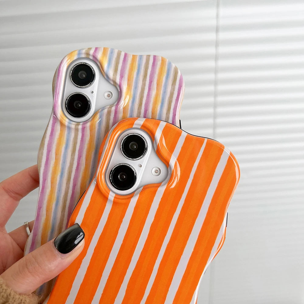 Luxury 2 in 1 Glossy Double Color Wave Stripes Case for IPhone 13 14 15 16 17 Pro Max 17Air Hit Color Collision Shockproof Cover - Ice Cream Cake