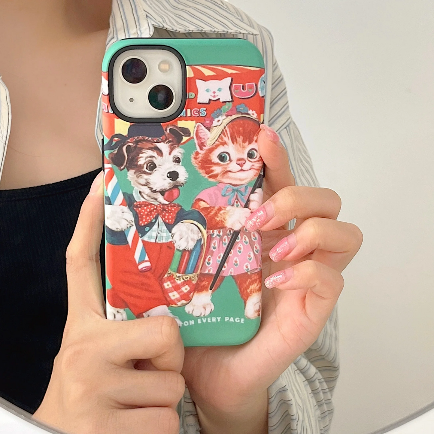 Cute green and red iPhone cover featuring a nostalgic retro children's book style illustration of a cat and dog taking a walk.