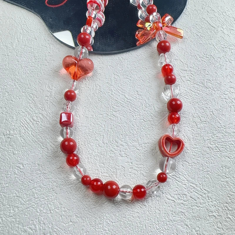 Ribbon and Heart Coquette Beaded Wrist Strap