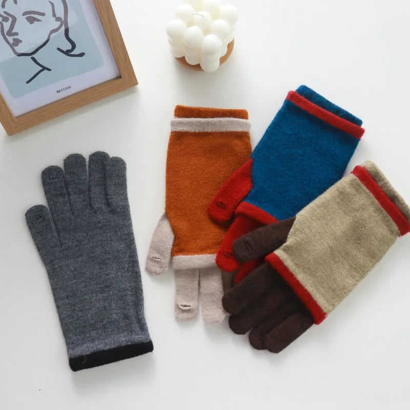 Thickened Leaky Finger Korean Style Ladies Dual-Use Color Matching Knitted Fashion Touch Screen Finger Knitting Wool Gloves - Ice Cream Cake
